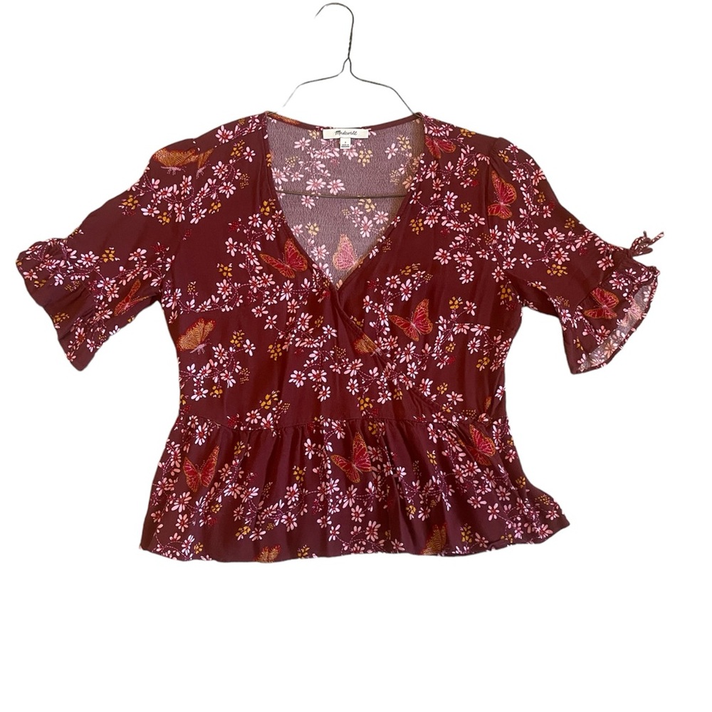 Madewell size 2 butterfly wrap blouse maroon pink and yellow